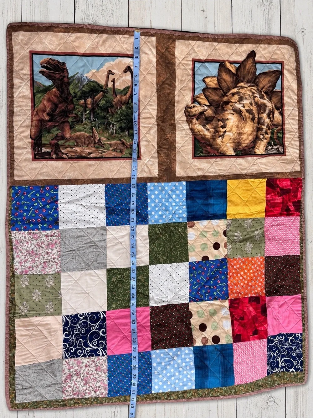 Handmade Reversible Dinosaur Baby Quilt Kids Patchwork Blanket 43x35